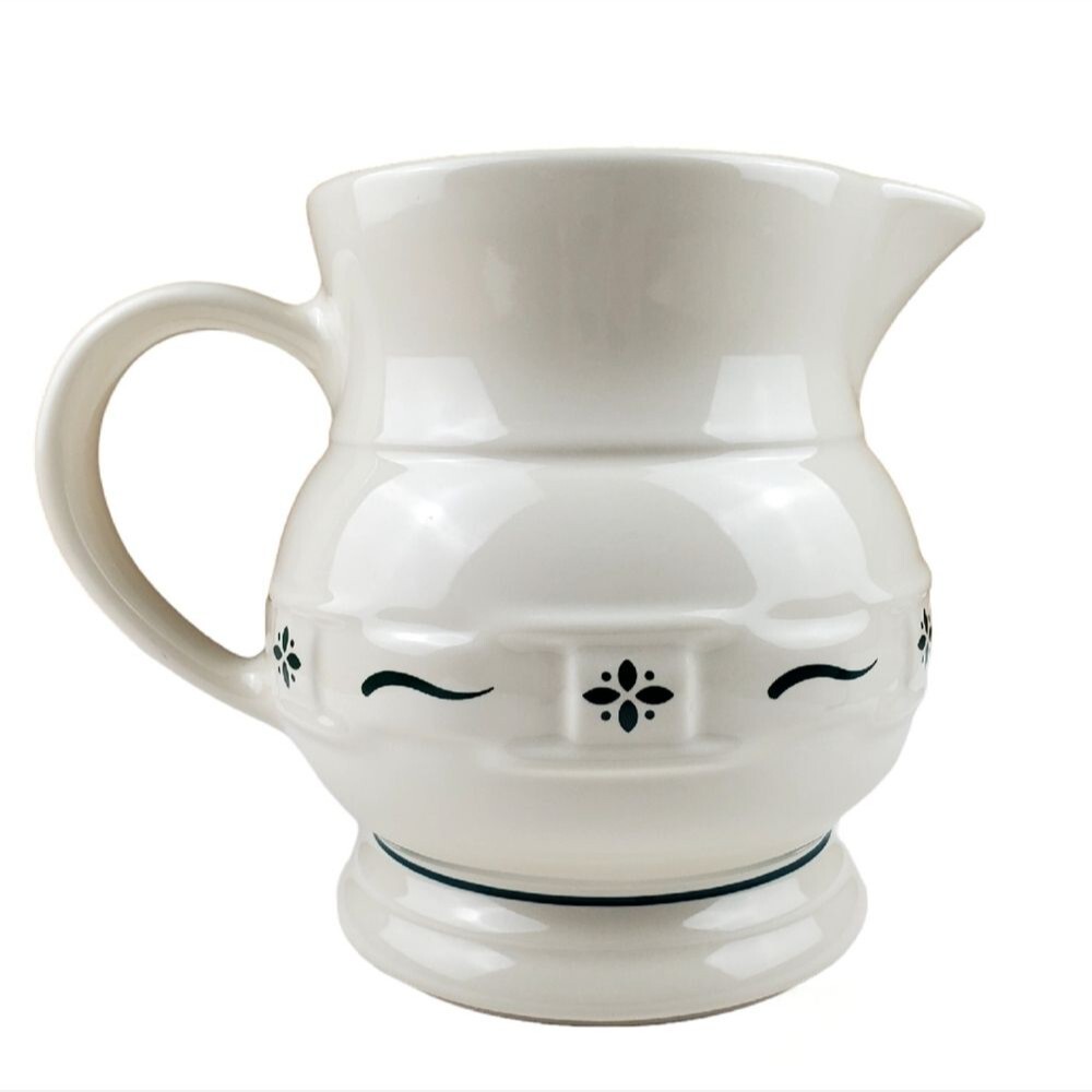 LONGABERGER Pottery Large Pitcher Ivory Green Woven Accent USA Farmhouse Decor
